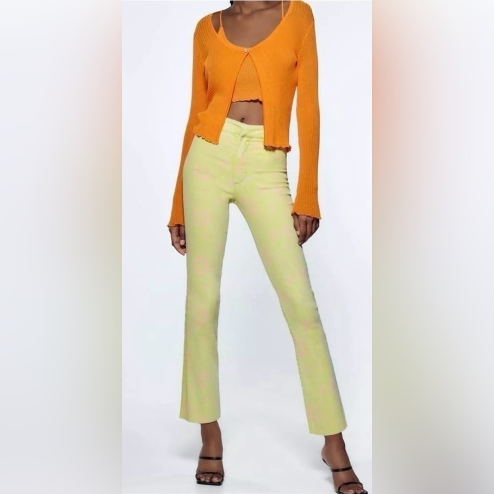 ZARA Green & Pink Floral Print Flare Cropped Stretch Denim Jeans Y2k Size 4